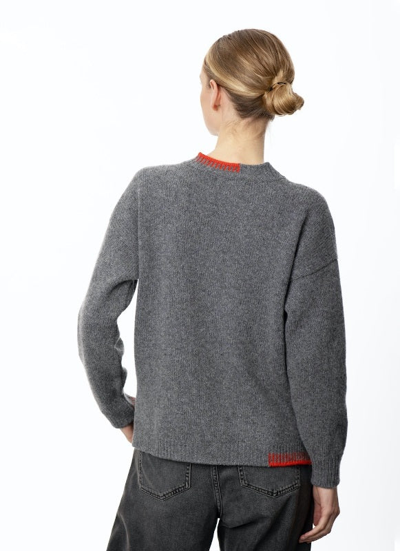 Pull à col round et à point de feston – Gris et Rouge Bouée - Fisherman Out of Ireland - dos