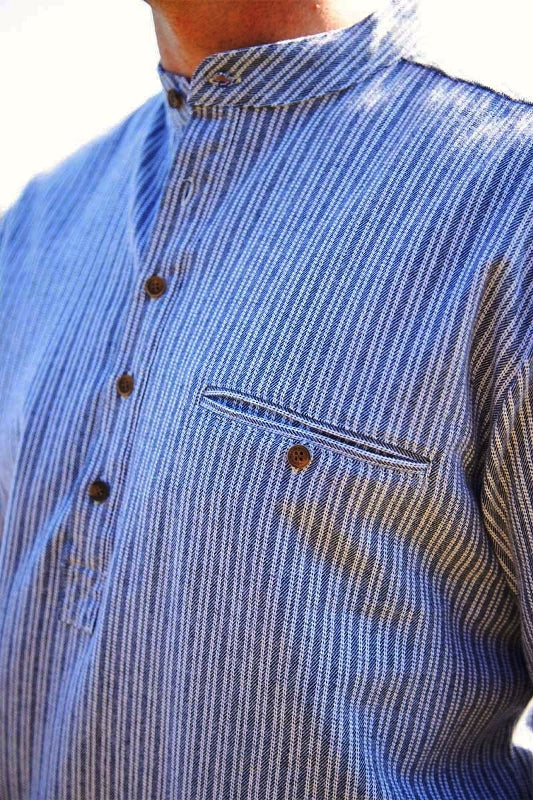 Chemise Grand-père en flanelle de coton - rayures blanches sur fond gris foncé - Lee Valley - détail poche