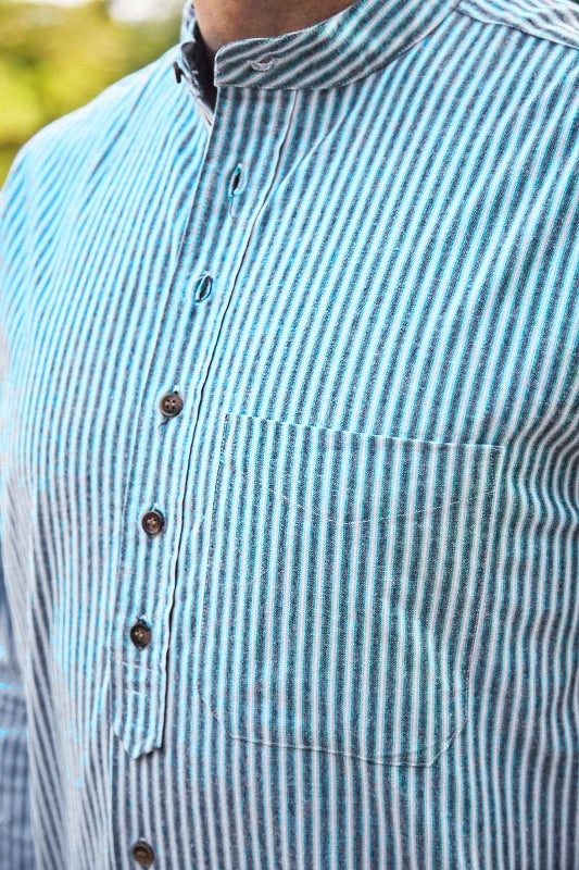 Chemise Grand-père Vintage en coton - Blanche à rayures vertes et bleues - Lee Valley - detail poche