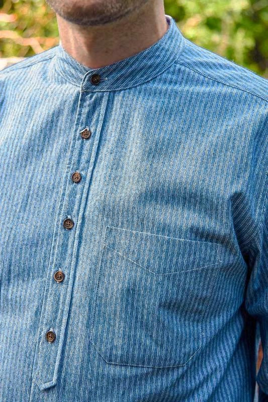 Chemise Grand-père Vintage en coton - Bleu gris à rayures blanches - Lee Valley - détail poche