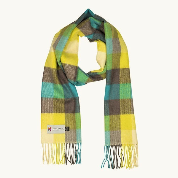 Echarpe fine mérinos – turquoise, jaune et marron à carreaux – John Hanly