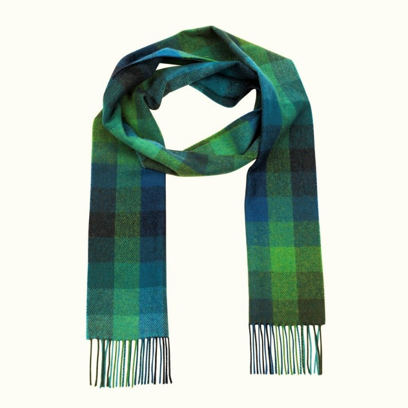 Echarpe en laine d'agneau - turquoise, vert et bleu à carreaux - John Hanly
