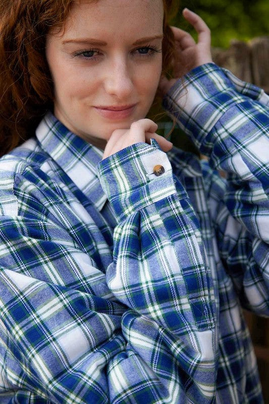Chemise femme chaude doublée en flanelle de coton – Tartan Douglas Bleu - Lee Valley - poignet