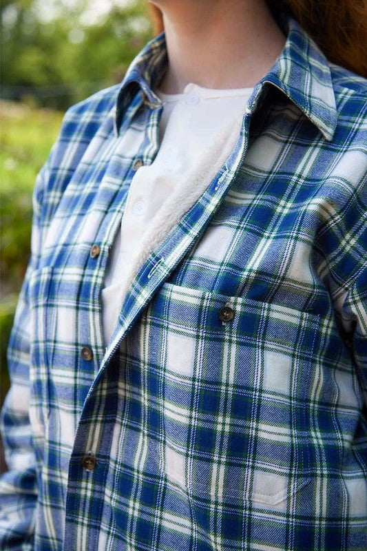 Chemise femme chaude doublée en flanelle de coton – Tartan Douglas Bleu - Lee Valley - poche de devant