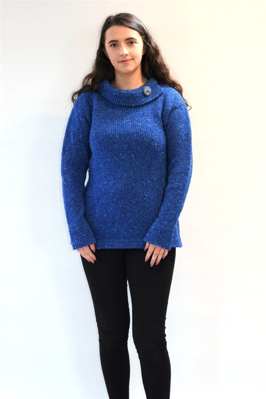 Pull à col bateau et bords à chevrons - Bleu Vif – Rossan Knitwear