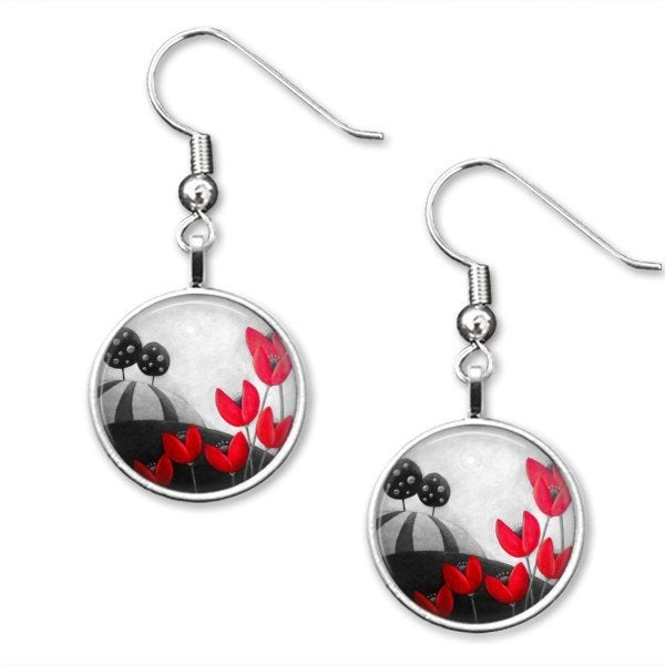 Boucles d’oreilles pendantes – Noir et Blanc avec une touche de rouge – Amélie Gagné