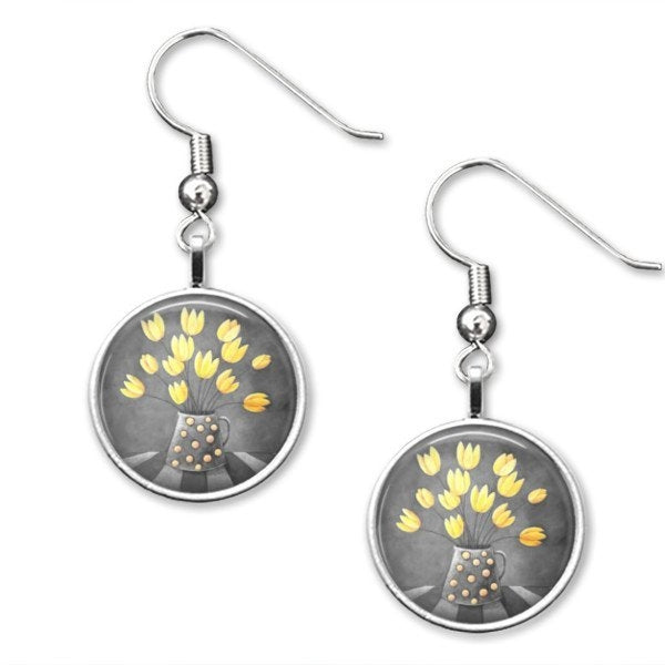 Boucles d’oreilles pendantes – Noir et Blanc avec une touche de jaune – Amélie Gagné