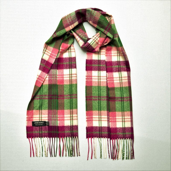 Echarpe fine mérinos – vert, rose et bordeaux tartan – John Hanly