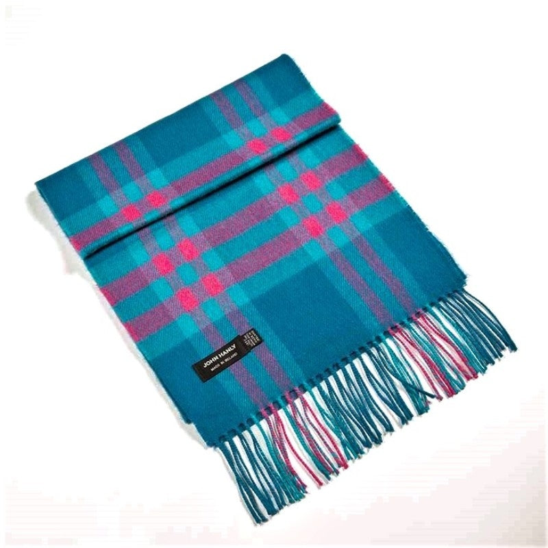 Echarpe fine mérinos – bleu sarcelle, rose et turquoise à carreaux – John Hanly