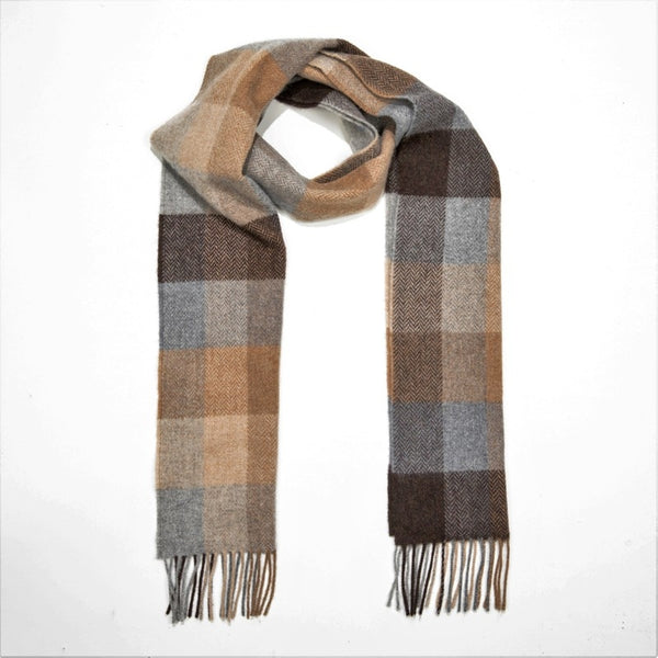 Echarpe en laine d'agneau - Beige, marron et gris à chevrons  - John Hanly